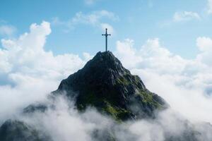 Dramatic mountain peak with cross silhouette photo