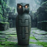 Mysterious stone owl statue in enchanted forest photo