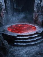 Glowing lava pool in dark cave photo