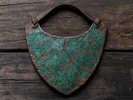 Antique copper and turquoise necklace on weathered wood background photo
