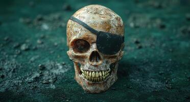 Weathered skull with eye patch on dark background photo