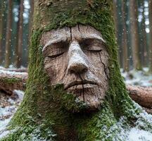 Weathered tree trunk with moss covered face photo
