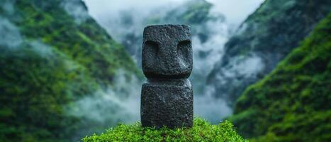 Mysterious stone statue in misty forest photo