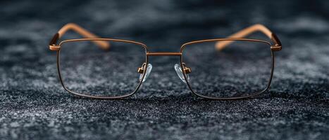 Stylish bronze framed eyeglasses on dark textured background photo