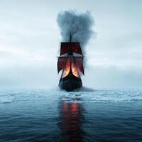 Dramatic viking ship sailing through icy waters photo