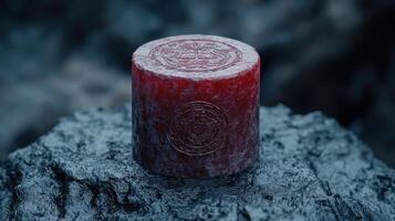 Ornate red candle on a rocky surface photo