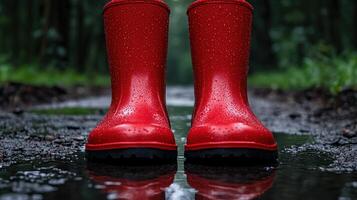 Pair of red rain boots standing in a puddle photo