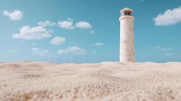 A lighthouse stands in the sand on a beach photo