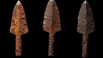 Three ancient stone tools are shown on a black background photo