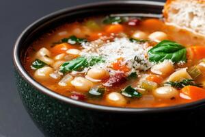 A bowl of soup with beans, carrots and spinach photo