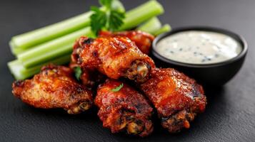 Chicken wings with ranch sauce and celery photo