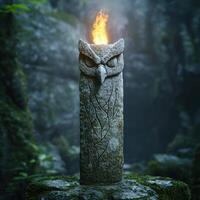 Mysterious stone owl statue with burning flame photo
