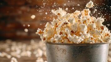 Freshly popped popcorn in a vintage metal container photo