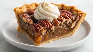 Delicious pecan pie with whipped cream topping photo