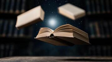 open book floating in space with stars photo