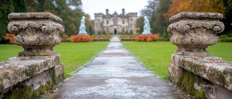 Ornate stone archway leading to a grand castle in an autumn landscape photo