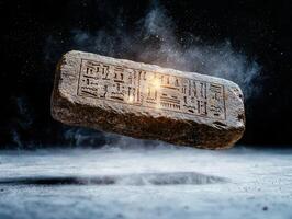 ancient stone tablet with hieroglyphic writing floating in space photo