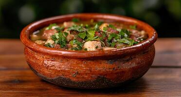 hearty vegetable stew in rustic ceramic bowl photo