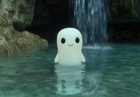 Cute ghost character in a serene waterfall scene photo