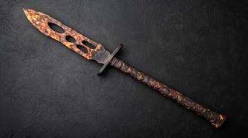 Fiery medieval dagger on dark background photo