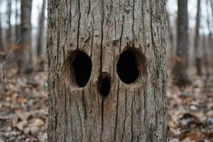 Mysterious tree trunk with eerie eye like holes photo