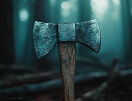 Rugged axe head in a dark, moody setting photo