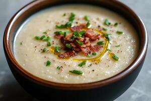 cremoso tocino y cebollín patata sopa foto