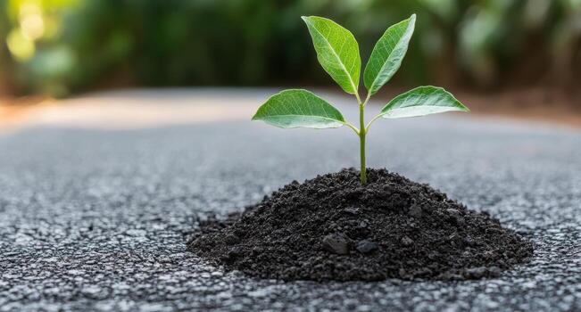 young plant growing in soil on asphalt photo