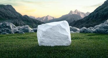 Serene mountain landscape with large white rock photo