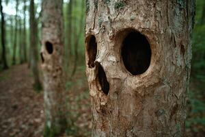 Mysterious tree trunk with hollow openings in a lush forest photo