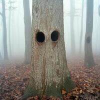 Spooky tree with haunting eyes in a mysterious forest photo