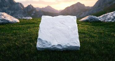 large white rock on grassy field with mountains in background photo