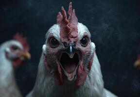 Angry rooster with open beak photo