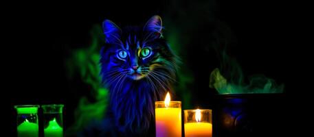 black cat with glowing green eyes sits beside a cauldron with green smoke photo