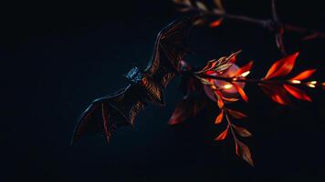 black bat figurine flies past glowing leaves photo