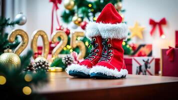 red boots with white fur trim sitting on a wooden table decorated with festive holiday ornaments photo