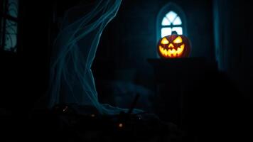 brillante Jack-o-lantern un tenuemente iluminado habitación foto