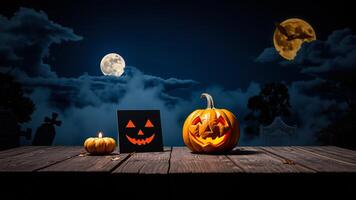 three illuminated jack-o'-lanterns on a table underneath a cloudy night sky photo
