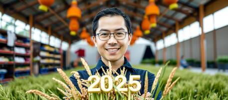 man with glasses gold numbers stands a field green plants photo