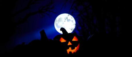 glowing jack-o'-lantern underneath a full moon photo
