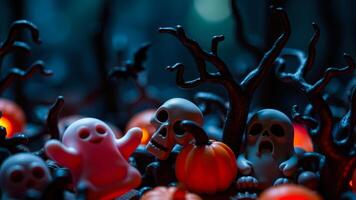 spooky scene with white ghosts a skull nestled among twisting branches glowing pumpkins photo