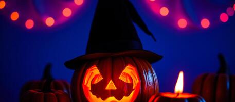 glowing jack-o-lantern with a witch's hat photo