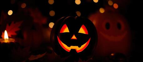 glowing jack-o'-lantern with a toothy grin photo