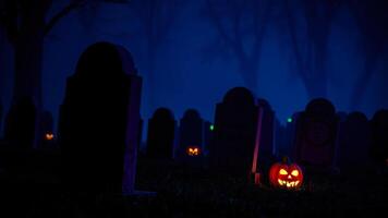 glowing jack-o'-lantern sits before a tombstone a foggy graveyard photo