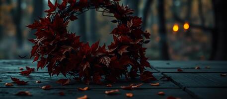 red leaf wreath on a weathered wooden table photo