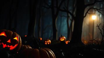 brillante Jack-o'-lantern un oscuro bosque foto
