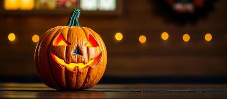 glowing jack-o-lantern on a rustic table photo