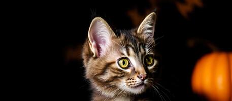 curious tabby kitten with bright yellow eyes photo