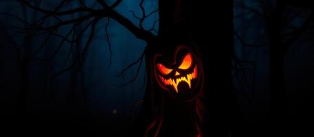 glowing jack-o'-lantern face hidden a dark forest photo