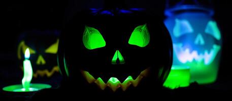 glowing green jack-o-lantern with a wide grin stands the darkness photo